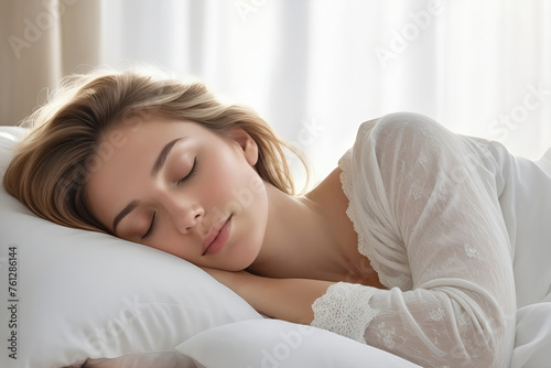 beautiful female sleeping peacefully in her bedroom with nature light