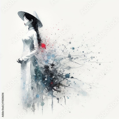 Vietnamese girl wearing traditional clothes aodai in splash ink painting with Generative AI. photo