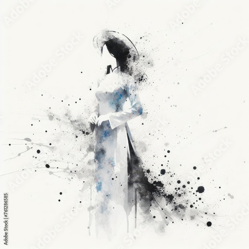 Vietnamese girl wearing traditional clothes aodai in splash ink painting with Generative AI. photo