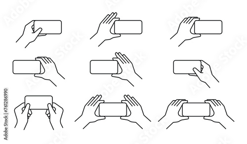 Hands holding mobile phones outline icon. Fingers touching, tapping, scrolling smartphone screens, using applications. People handling cellphones. Flat vector illustration isolated on white background