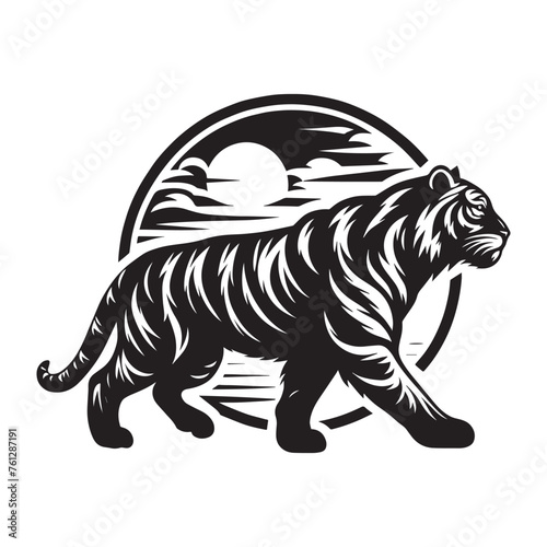 Tiger walking against the background of the night sky. beautiful black and white emblem. isolated vetcore illustration, cut out