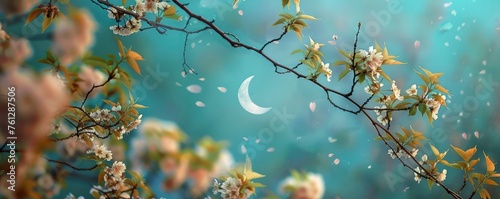 Enchanting Spring. Close-Up of Cherry Blossoms and Green Leaves Under a Turquoise Sky with a Crescent Moon, Bathed in Fantasy Pastel Colors.