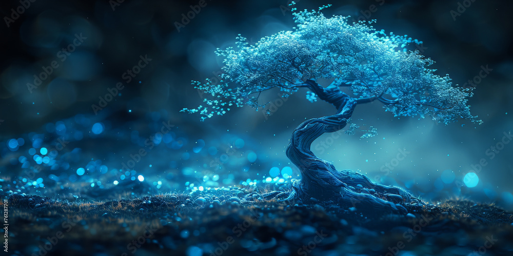 Blooming tree on a hill with flowers and glowworms. - obrazy, fototapety, plakaty 