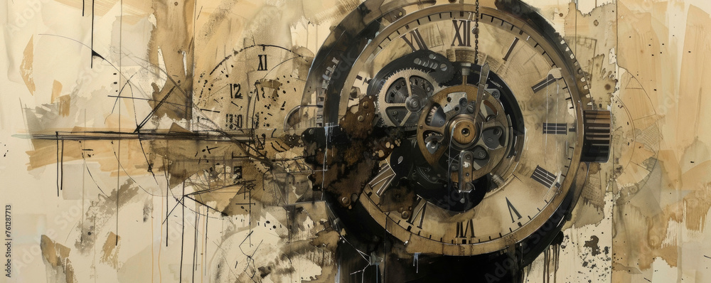 A vibrant and intricate painting depicting a clock proudly hanging on a wall, its hands frozen in time, capturing the essence of the passage of time. Banner. Copy space