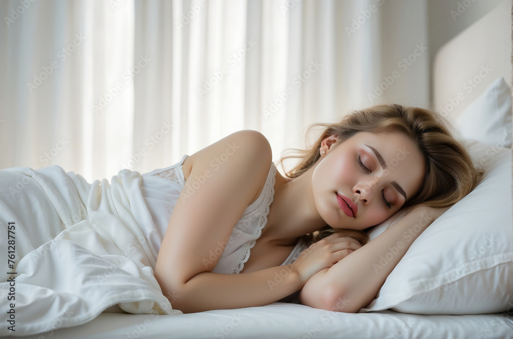 beautiful female sleeping peacefully in her bedroom with nature light beautiful female sleeping peacefully in her bedroom with nature light