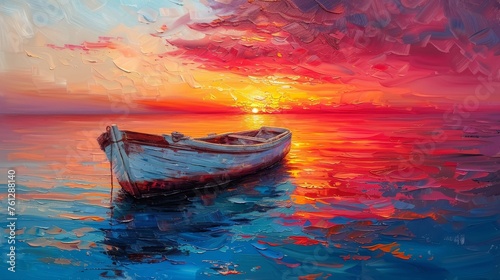 Boats in the ocean, sunset. Original oil painting on canvas. Modern Impressionism.