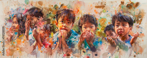 A painting showcasing a group of children standing together, with each child covering their mouth with their hand, depicting secrecy, innocence, and communication through unspoken. Banner. Copy space