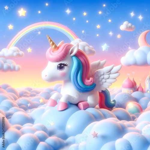 Cartoon 3D unicorn on the clouds.