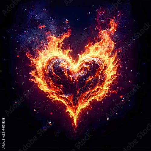 Flames explode on a 3D heart shape, black background.