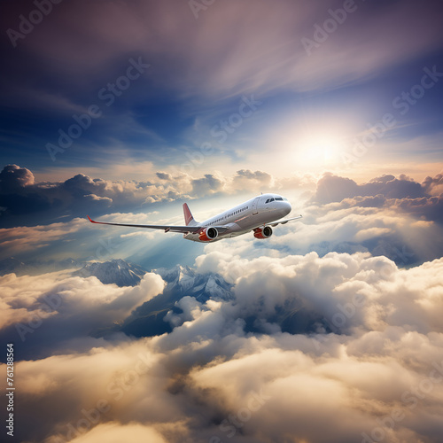 Airplane in sky over mountains and clouds