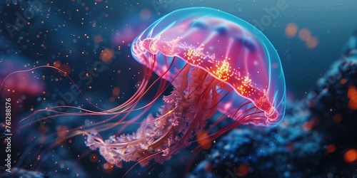 Closeup of Several Beautiful Moon Vibrant Bioluminescent Pink Jellyfish