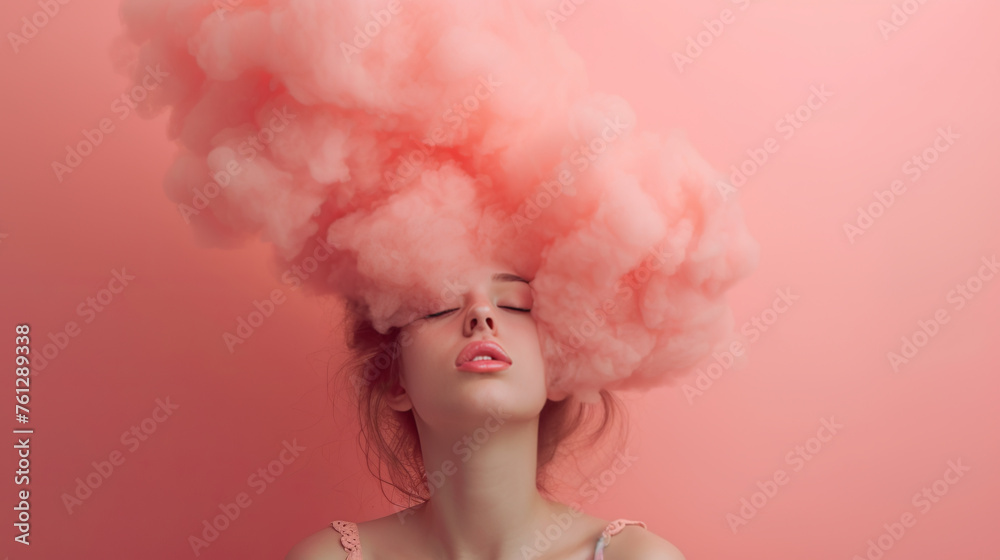 A serene female portrait, with vibrant pink clouds softly enveloping her head