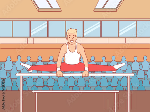 Power gymnast performance. Participation of sports competitions, professional athlete does splits on uneven bars, flexible young man on championship, cartoon flat illustration, vector concept