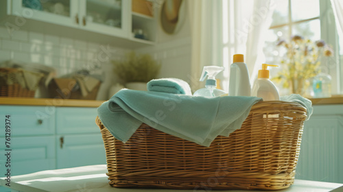 A wicker basket with fresh towels and cleaning supplies