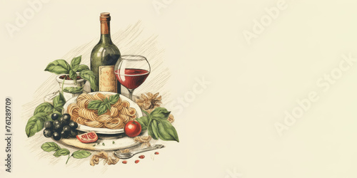 Vintage Illustration of Italian Pasta and Wine Dinner Setup