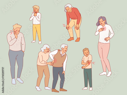 People suffering pain. Adults and kids experiencing discomfort in different body parts, acute, dull, aching, physical injured, painkiller advertising. Cartoon flat isolated vector set