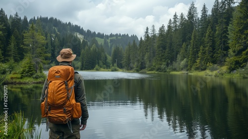 Man With Backpack Observing Lake