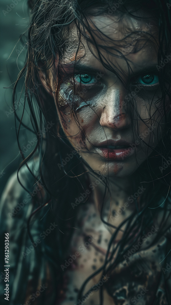 Portrait of a beautiful young witch with scars on her face. Halloween and horror movie style concept Portrait of a beautiful young witch with scars on her face. Halloween and horror movie style concept