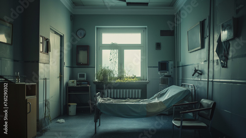 Empty abandoned hospital room in horror style. Halloween and horror movie style concept