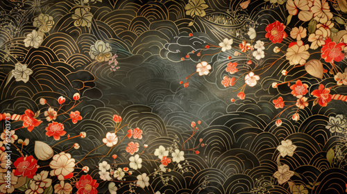 Japanese fabric pattern. Traditional floral beautifully folded textile with ornaments. Kimono fabric