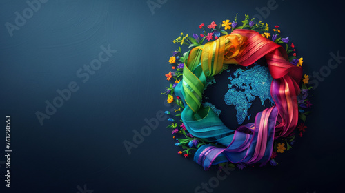 Global Unity Concept with Rainbow Silk and Flowers