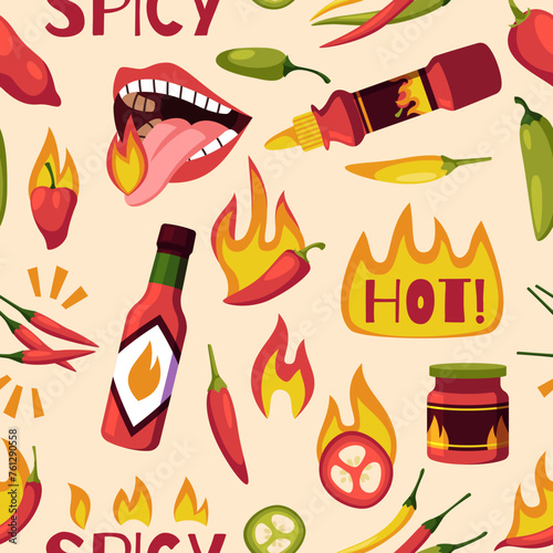 Hot pepper seamless pattern. Repeated chilli elements, mexican spicy sauce bottle, burning mouth, jalapeno, paprika. Wallpaper and textile, wrapping paper. Print design tidy vector background