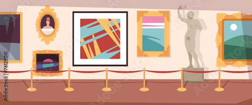Empty art gallery. Contemporary exhibition hall interior, sculptures and paintings, abstractionism, classics and avant garde exhibition, cartoon flat isolated illustration tidy vector concept