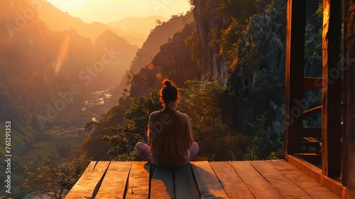 Back of Woman Sitting on Wooden Porch at High Mountain Cliff. Sun, Beautiful, Warm, Orange, Sunset, Sunrise, Traveling, Background, Female, Lady, Lifestyle, Journey, Girl, Evening 