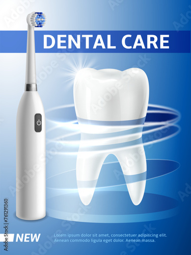 Dental care. Electric toothbrush and white tooth. Daily hygiene. Stomatology clinic poster. Professional tools for oral care advertising. Ad banner template. Realistic isolated vector concept