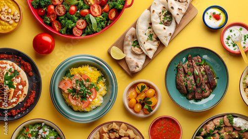Various traditional dishes of Middle Eastern cuisine on a beautifully served table, top view, flat lay