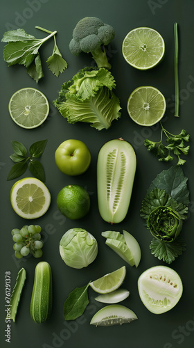 Various green fruits and vegetables on a dark green background, top view, flat lay