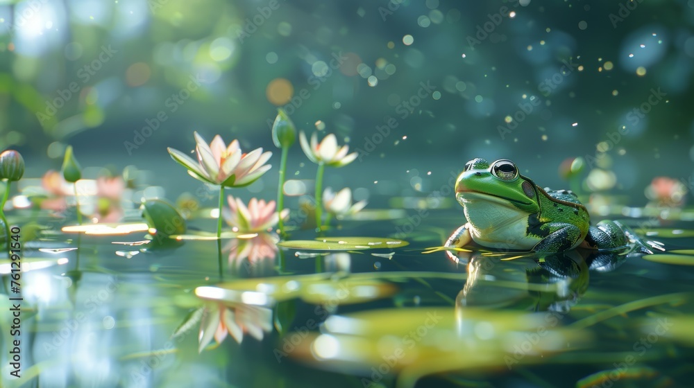 common water frog on a green pond; the frogs are also known as the European common frog or European grass fro - obrazy, fototapety, plakaty 