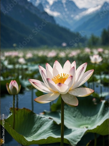 A single lotus flower blooms majestically amidst a pond of lily pads with a backdrop of towering mountains