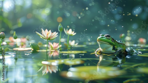 common water frog on a green pond; the frogs are also known as the European common frog or European grass fro photo