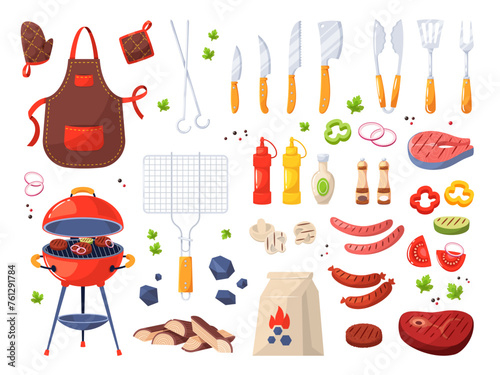 Bbq summer party objects. Barbecue elements, grilled meat, ingredients, picnic furniture, kitchen tools, apron and pot holders, charcoal for outdoor cooking cartoon flat illustration, vector set