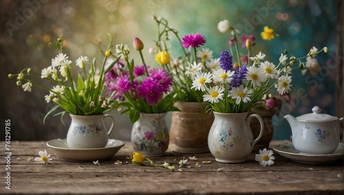 An inviting scene of fresh spring flowers in ceramic pots, accompanied by a vintage teapot, expressing home warmth