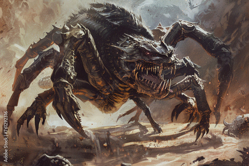 Dark and moody magic the gathering art of a massive scorpion with two wolf.