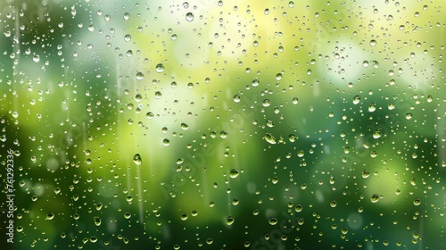 Water rain drops beyond the window over blurred green nature background. AI generated image © prastiwi