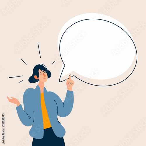 Woman talking and points her finger at bubble speech above her. Flat cartoon illustration.