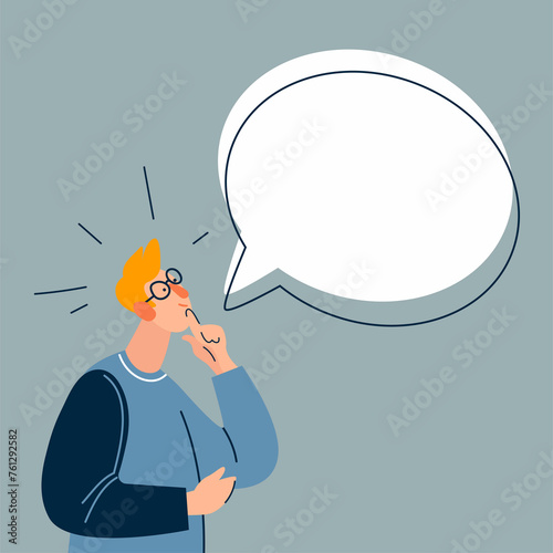Thinking man and bubble speech above him. Flat cartoon illustration.
