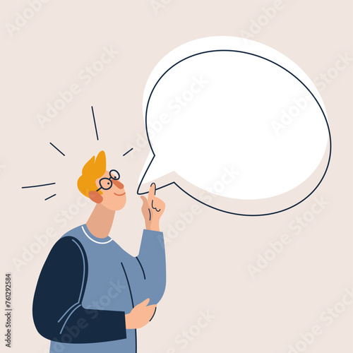 Man talking and points him finger at bubble speech above him. Flat cartoon vector illustration.