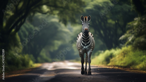 zebra gracefully crosses an asphalt road with a blurred car in the background photo