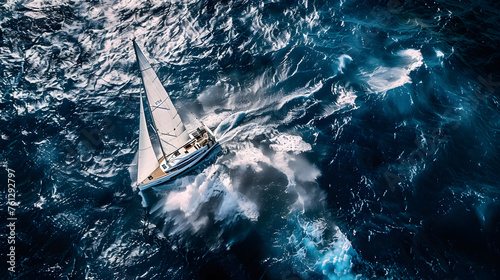 White yacht sailing in an open sea top view