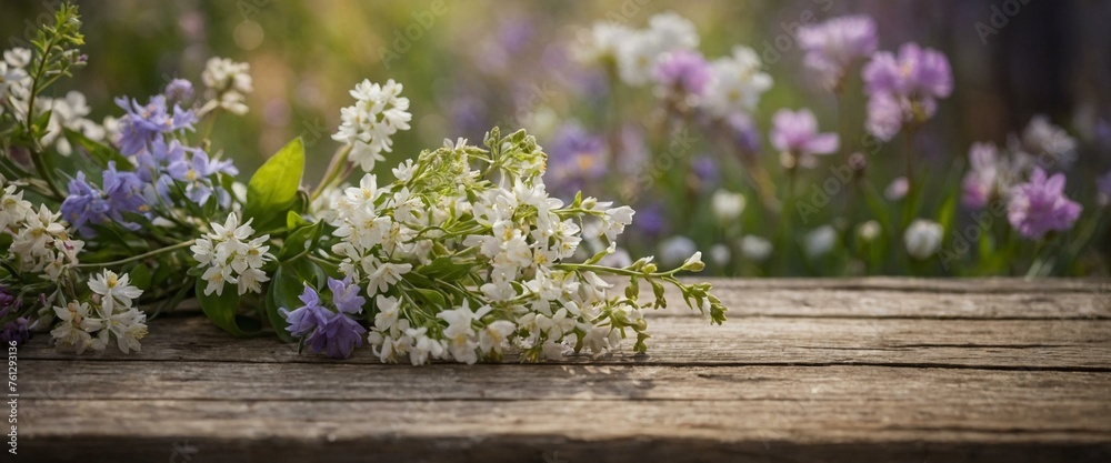 A rustic wooden table bathed in sunlight holds a vibrant assortment of fresh spring flowers A rustic wooden table bathed in sunlight holds a vibrant assortment of fresh spring flowers