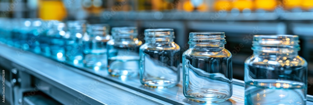 Pharmaceutical manufacturing background with glass bottles on automated conveyor line Pharmaceutical manufacturing background with glass bottles on automated conveyor line