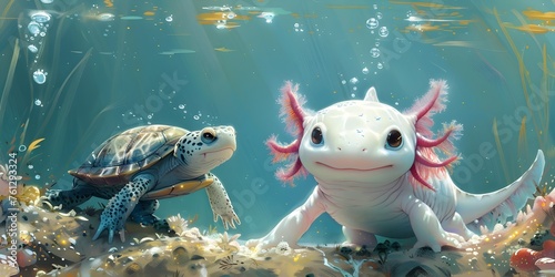 Enchanting Underwater of an Axolotl and Curious Turtle © Bussakon