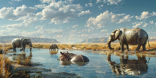 llustrated scene depicts a tranquil watering hole where a diverse group of large mammals