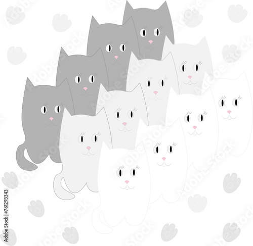 A set of white grey cats and their tracks. A collection of cartoon cats. Funny pets. Vector illustration