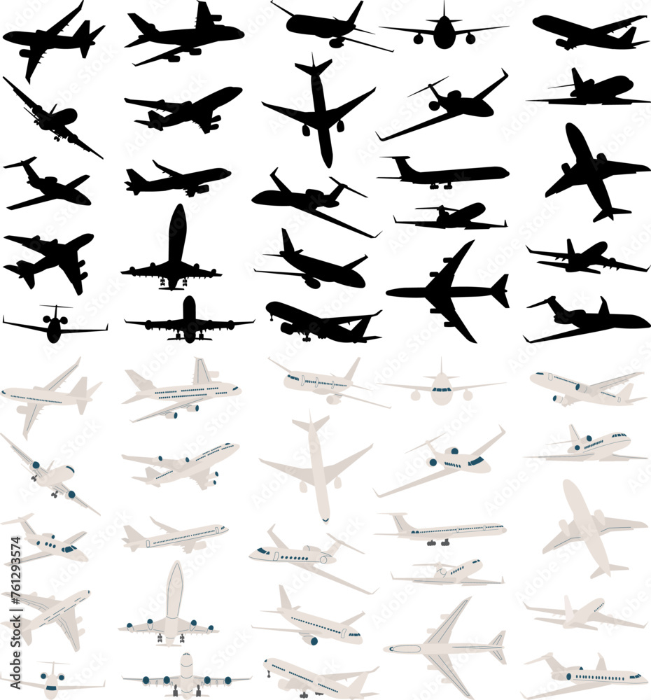Fototapeta premium set of passenger airplanes on a white background, vector