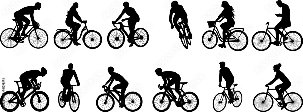 people riding bicycle silhouette set on white background, vector - obrazy, fototapety, plakaty 